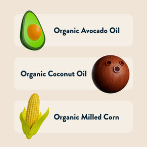 Illustrations of organic avocado, coconut, and milled corn—key ingredients in the SpaceBalls Real Organic Cheddar Space Balls Snack Pack.