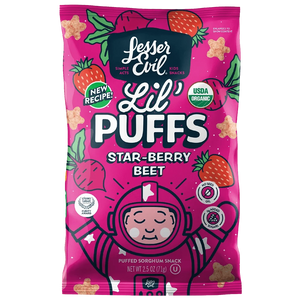 A pink bag of LesserEvil Star-Berry Beet Lil Puffs, a berrylicious snack with 0g added sugar, features strawberries, stars, and a smiling astronaut on the front.
