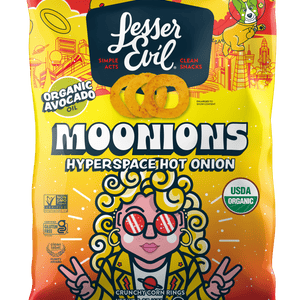 A vibrant bag of LesserEvil Hyperspace Hot Onion Moonions corn rings, made with avocado oil and featuring a cartoon with curly hair and sunglasses.