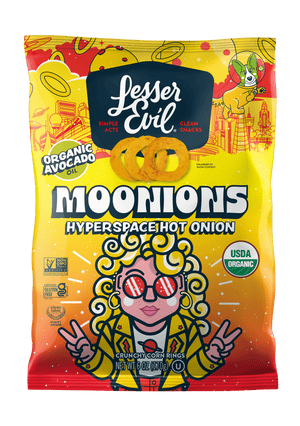 A vibrant bag of LesserEvil Hyperspace Hot Onion Moonions corn rings, made with avocado oil and featuring a cartoon with curly hair and sunglasses.
