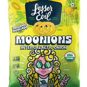 A colorful bag of LesserEvil Intergalactic Onion Moonions—organic crunchy corn rings and perfect party snacks, featuring a fun cartoon character with curly hair and sunglasses.