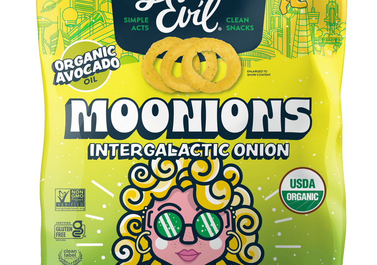 A colorful bag of LesserEvil Intergalactic Onion Moonions—organic crunchy corn rings and perfect party snacks, featuring a fun cartoon character with curly hair and sunglasses.