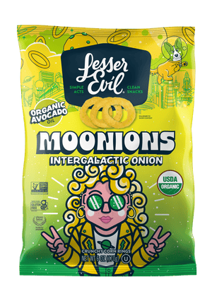 A colorful bag of LesserEvil Intergalactic Onion Moonions—organic crunchy corn rings and perfect party snacks, featuring a fun cartoon character with curly hair and sunglasses.