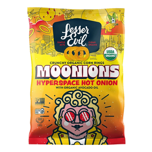 A vibrant bag of LesserEvil Hyperspace Hot Onion Moonions corn rings, made with avocado oil and a red-glassed cartoon in a space-themed design.
