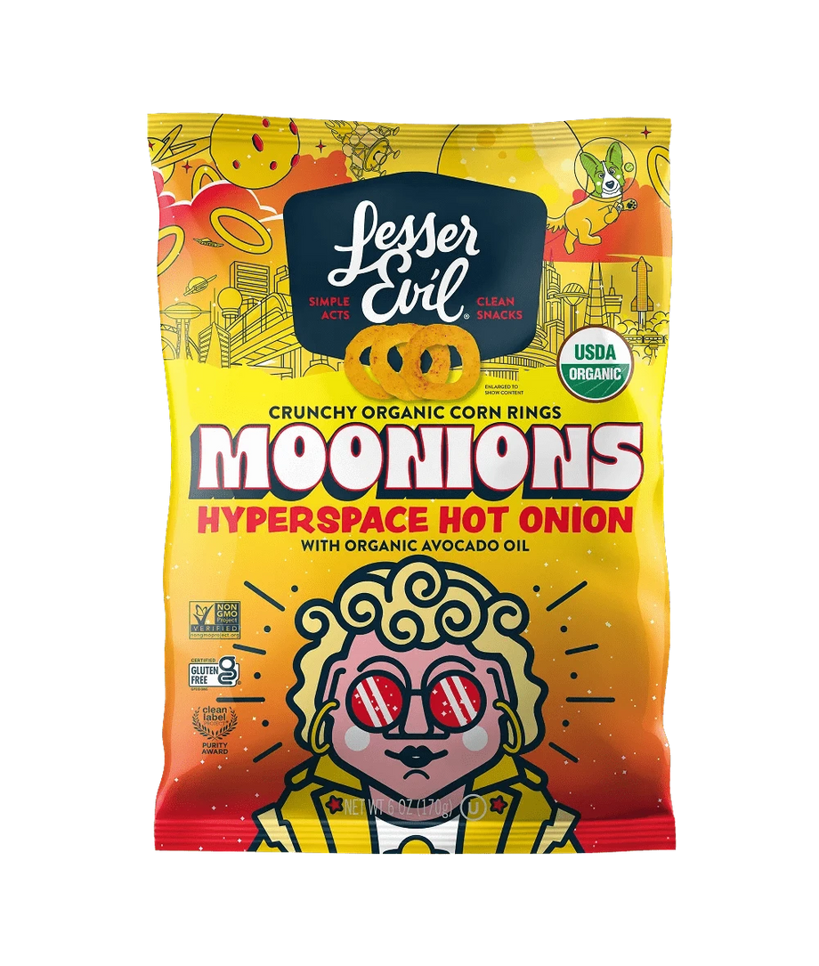 A vibrant bag of LesserEvil Hyperspace Hot Onion Moonions corn rings, made with avocado oil and a red-glassed cartoon in a space-themed design.