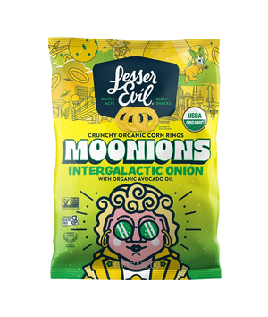 LesserEvil Intergalactic Onion Moonions are organic corn rings with onion flavor, clean ingredients, and a fun space-themed design.