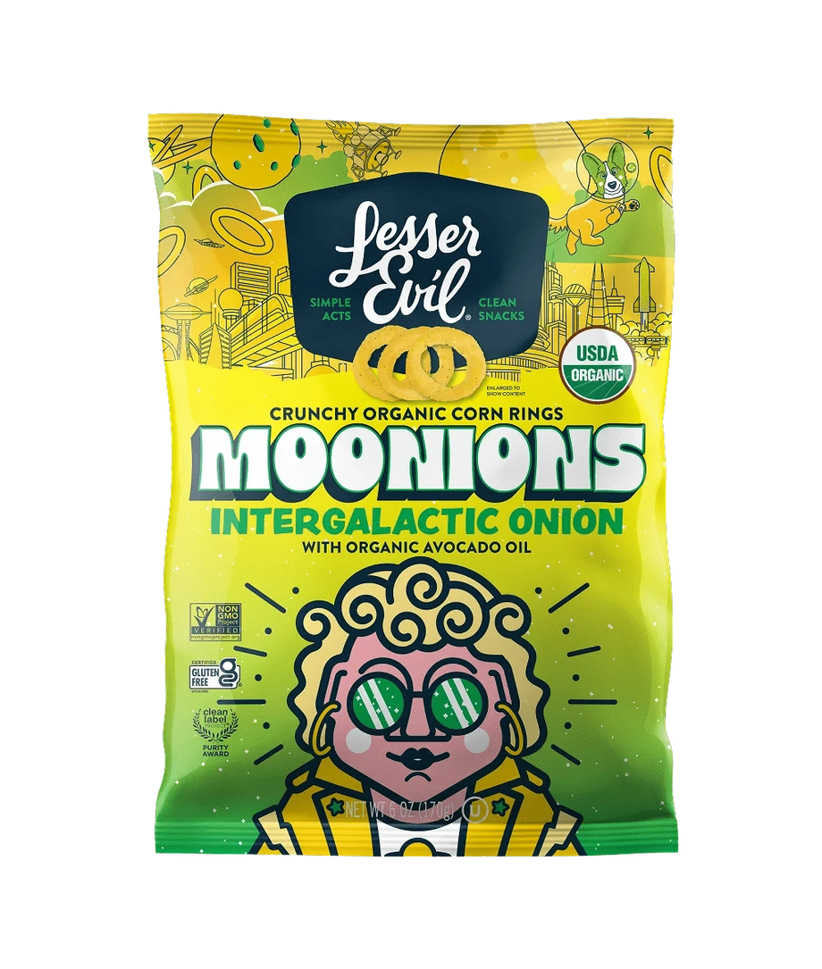 LesserEvil Intergalactic Onion Moonions are organic corn rings with onion flavor, clean ingredients, and a fun space-themed design.