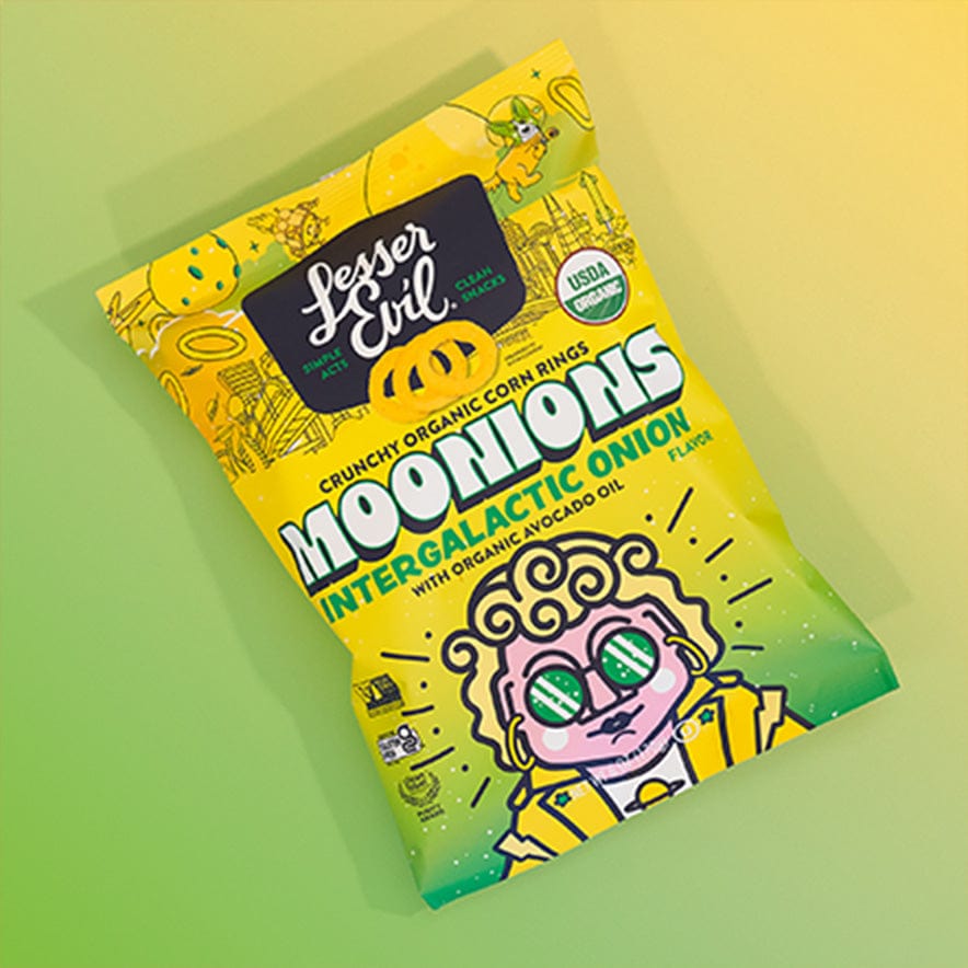 A colorful box of LesserEvil Snacks Flavor-FULL Snacks features a curly-haired cartoon with glasses on a yellow-green background.