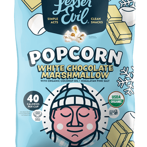 LesserEvil White Chocolate Marshmallow popcorn in blue holiday packaging with snowflakes, popcorn pieces, and a pink face in a winter hat.