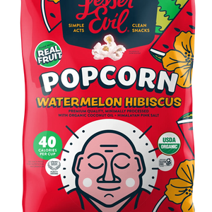 A bag of LesserEvil Watermelon Hibiscus Popcorn features summer flavors, colorful fruit art, a meditating face, and 40 calories per cup with USDA Organic certification.
