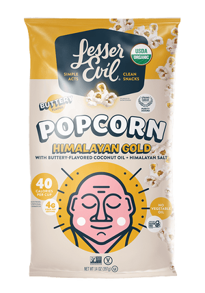 A bag of LesserEvil Himalayan Gold Organic Butter Flavor Popcorn features a meditating figure, popcorn images, and plant-based butter nutrition on a white and gold design.