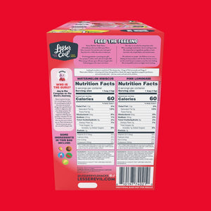 The back of a LesserEvil Snacks Summer Popcorn Snack Pack box on red, showing nutrition facts and ingredients for Watermelon Hibiscus and Pink Lemonade flavors.