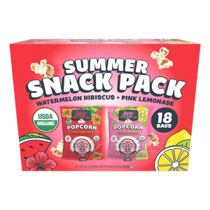 The red Summer Popcorn Snack Pack by LesserEvil Snacks has 18 bags of organic popcorn in Watermelon Hibiscus and Pink Lemonade flavors, with popcorn, watermelon, and lemon images.