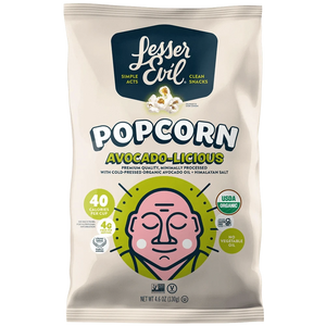 A bag of LesserEvil Avocado-licious Organic Popcorn, a vegan snack with Himalayan pink salt, organic labels, and cold-pressed avocado oil.