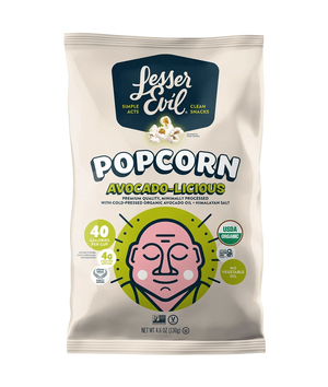 A bag of LesserEvil Avocado-licious Organic Popcorn, a vegan snack with Himalayan pink salt, organic labels, and cold-pressed avocado oil.