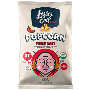 A bag of LesserEvil Fiery Hot Organic Popcorn, featuring a red-faced cartoon and USDA Organic and 37 calories per cup icons.