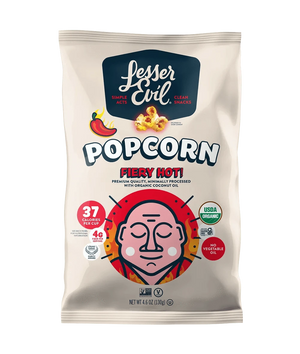 A bag of LesserEvil Fiery Hot Organic Popcorn, featuring a red-faced cartoon and USDA Organic and 37 calories per cup icons.