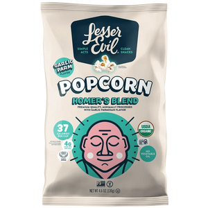 A bag of OrganicPopcorn Homers Blend Organic Popcorn, Garlic Parmesan flavor, with a cartoon face on the pack and just 37 calories per cup.