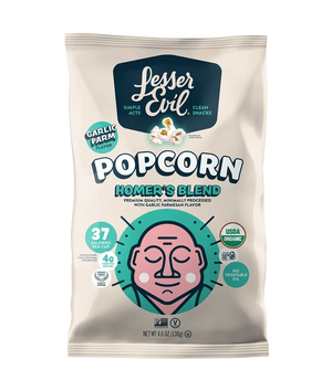 A bag of OrganicPopcorn Homers Blend Organic Popcorn, Garlic Parmesan flavor, with a cartoon face on the pack and just 37 calories per cup.