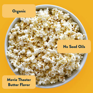 A bowl of LesserEvil Himalayan Gold Organic Butter Flavor Popcorn on a yellow background with labels: Organic, Plant-Based Butter, Movie Theater Butter Flavor.