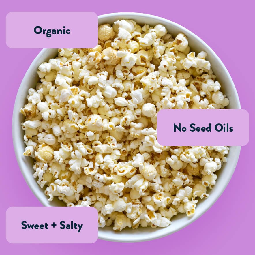 OrganicPopcorn Himalayan Sweetness Gourmet Popcorn: Organic, No Seed Oils, Sweet + Salty with organic cane sugar and Himalayan Pink Salt.