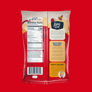 The back of a SpaceBalls Buffalo Cheddar Space Balls snack bag features nutrition facts, a barcode, product story, and cartoons on red, spotlighting organic ingredients.
