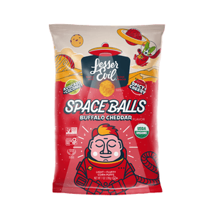 SpaceBalls Buffalo Cheddar Space Balls—organic, spicy cheese snacks in a fun bag with space graphics and a meditating astronaut; USDA Organic.