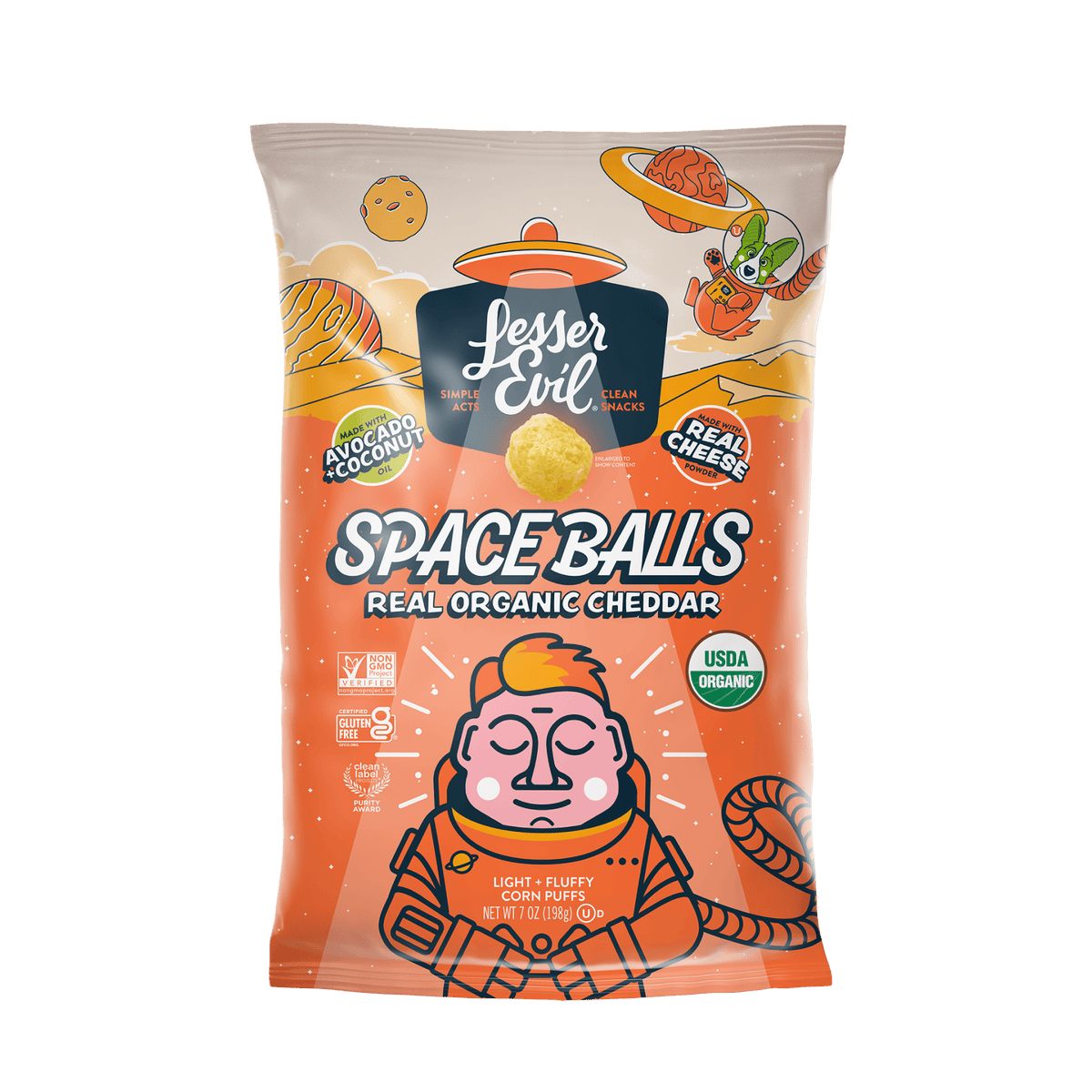 SpaceBalls Real Organic Cheddar Space Balls are clean-ingredient cheese puffs with an orange astronaut on space-themed packaging.