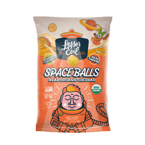 SpaceBalls Real Organic Cheddar Space Balls are clean-ingredient cheese puffs with an orange astronaut on space-themed packaging.