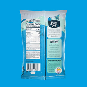 Back of a SpaceBalls Rocket Ship Ranch Space Balls bag shows nutrition facts, barcode, fun art, product info & “The Guru” bio on blue with dairy-free ranch vibes.