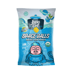 A bag of SpaceBalls Rocket Ship Ranch Space Balls features space-themed astronaut art, USDA Organic info, and dairy-free ranch flavor with avocado coconut oil.