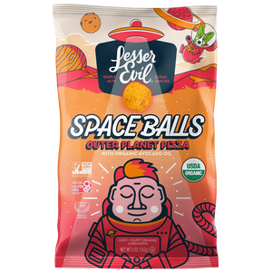 Bag of SpaceBalls Outer Planet Pizza Space Balls snacks, with a cartoon astronaut savoring dairy-free cosmic pizza bites among floating planets.