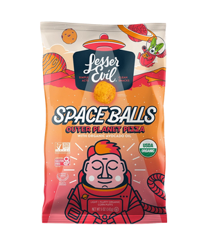 Bag of SpaceBalls Outer Planet Pizza Space Balls snacks, with a cartoon astronaut savoring dairy-free cosmic pizza bites among floating planets.