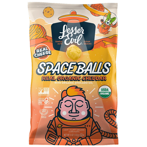 A bag of SpaceBalls Real Organic Cheddar Space Balls features a cartoon astronaut and space-themed artwork on the packaging.