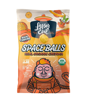 A bag of SpaceBalls Real Organic Cheddar Space Balls features a cartoon astronaut and space-themed artwork on the packaging.