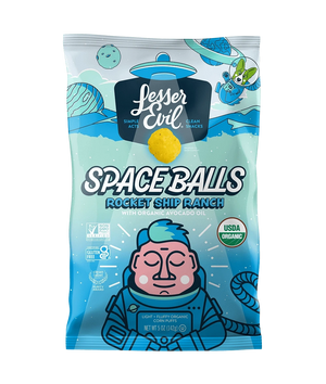 Rocket Ship Ranch Space Balls by SpaceBalls features a cartoon astronaut and space-themed art on a bold blue bag for a cosmic snacking experience.
